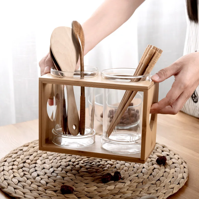 Kitchen Gadgets In Japan - Keukenbestekhouder van glas met bamboe rek,